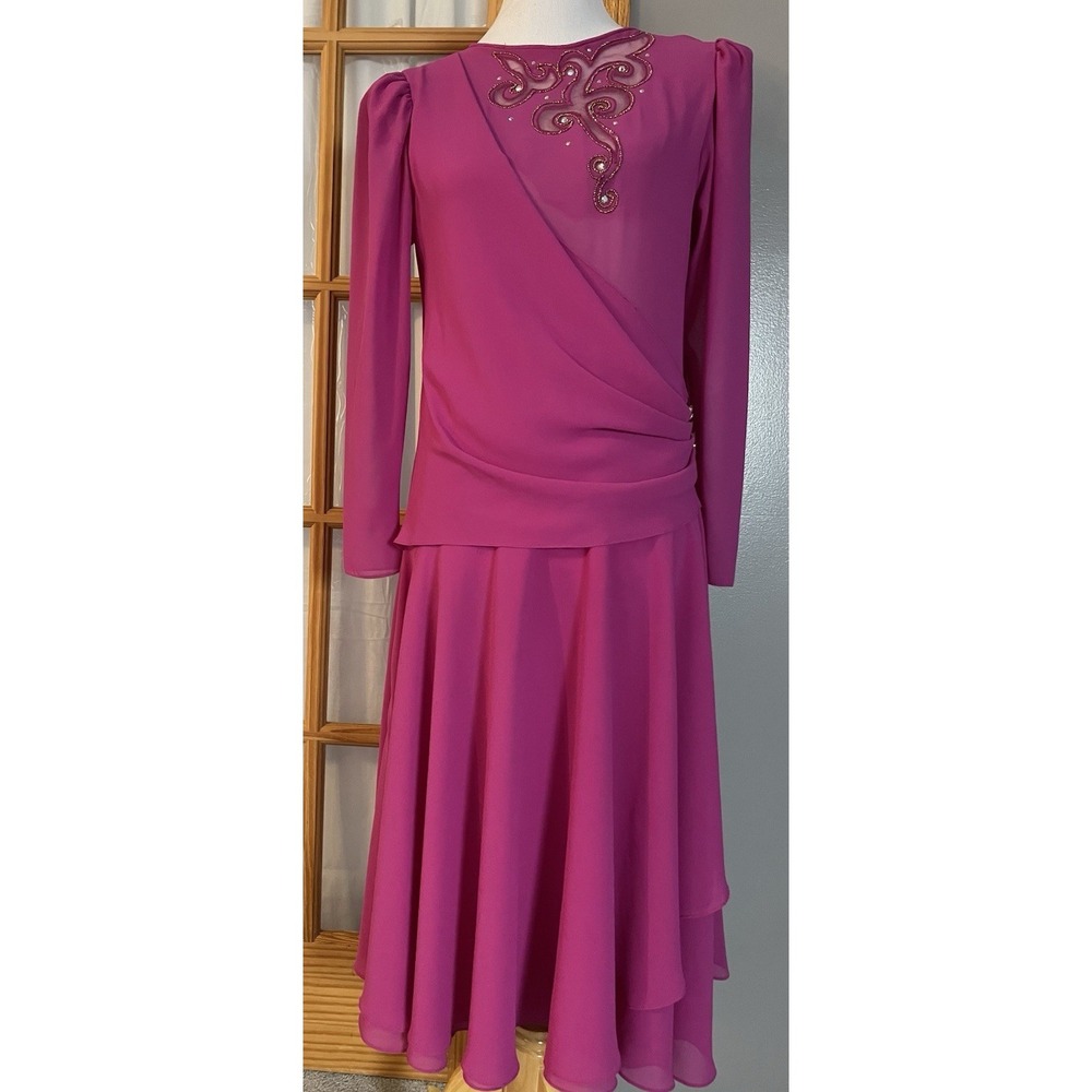 Vtg 70s Layered Midi Dress M Magenta Drop Waist Pleated Ruched Beads Formal